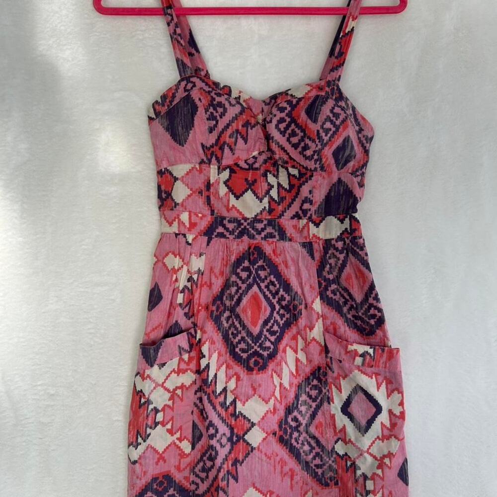 American Eagle Pink Ikat‎ Geometric Sun Dress Womens 0 Boho Cotton Mini Pocket